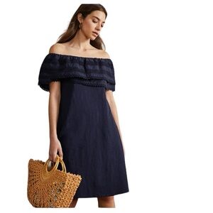 Boden Ruffle Off Shoulder Navy Blue Dress Relaxed Fit 6 Tall Coastal